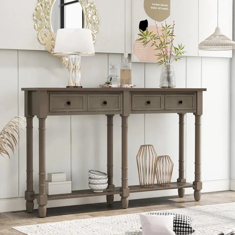 Console avec 2 tiroirs et étagère inférieure, finition bleu rétro/gris délavé/beige antique