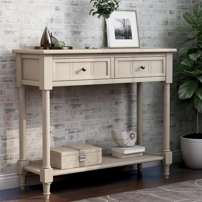 Console avec 2 tiroirs et étagère inférieure, finition bleu rétro/gris délavé/beige antique