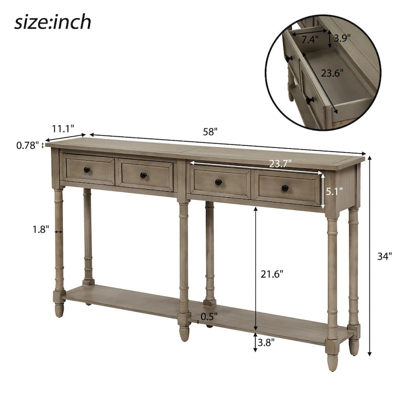 Console avec 2 tiroirs et étagère inférieure, finition bleu rétro/gris délavé/beige antique