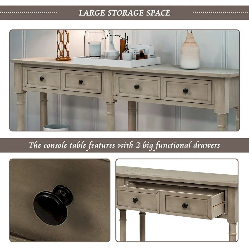 Console avec 2 tiroirs et étagère inférieure, finition bleu rétro/gris délavé/beige antique
