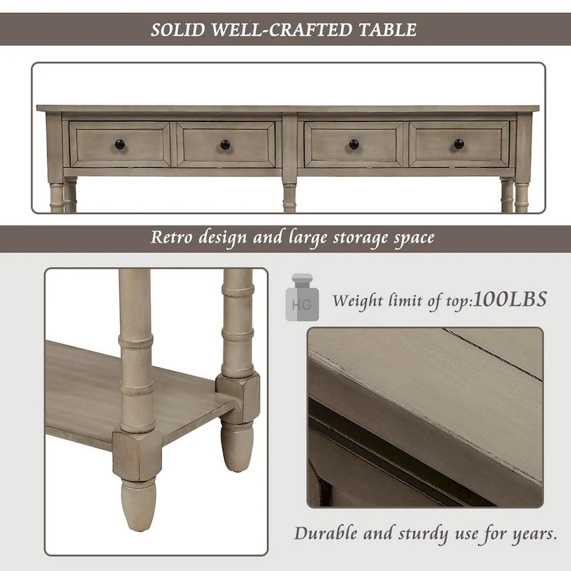Console avec 2 tiroirs et étagère inférieure, finition bleu rétro/gris délavé/beige antique