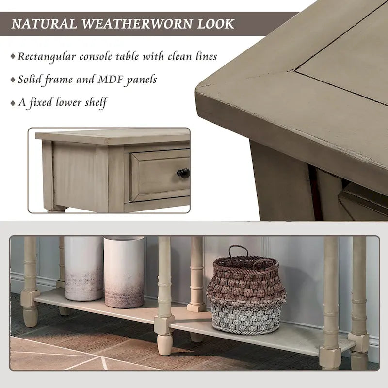 Console avec 2 tiroirs et étagère inférieure, finition bleu rétro/gris délavé/beige antique