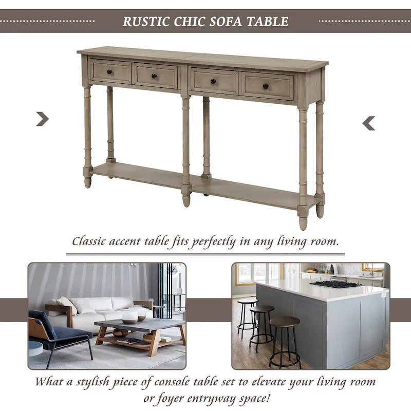 Console avec 2 tiroirs et étagère inférieure, finition bleu rétro/gris délavé/beige antique