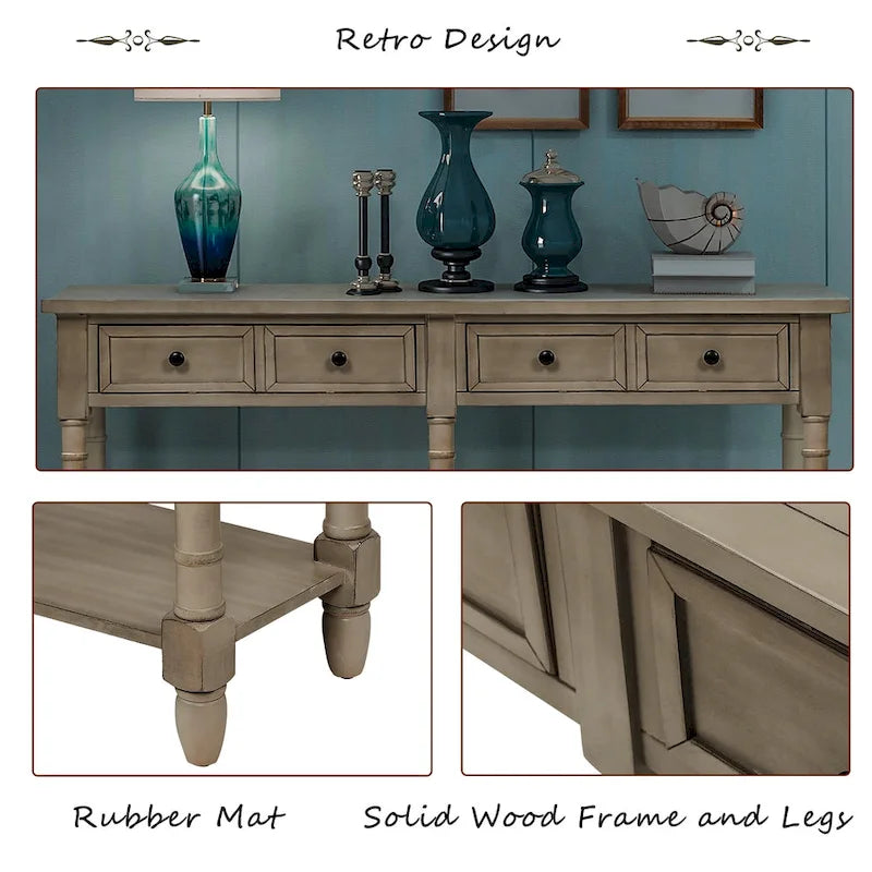 Console avec 2 tiroirs et étagère inférieure, finition bleu rétro/gris délavé/beige antique