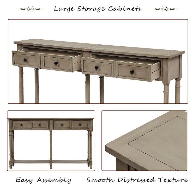 Console avec 2 tiroirs et étagère inférieure, finition bleu rétro/gris délavé/beige antique