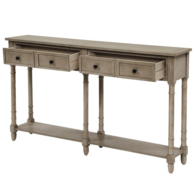 Console avec 2 tiroirs et étagère inférieure, finition bleu rétro/gris délavé/beige antique