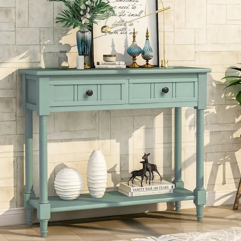Console avec 2 tiroirs et étagère inférieure, finition bleu rétro/gris délavé/beige antique