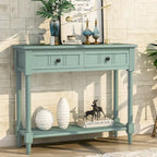 Console avec 2 tiroirs et étagère inférieure, finition bleu rétro/gris délavé/beige antique