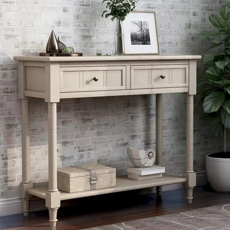 Console avec 2 tiroirs et étagère inférieure, finition bleu rétro/gris délavé/beige antique