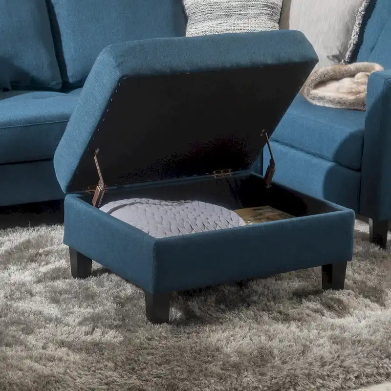 Pouff de rangement en tissu capitonné — Bleu foncé / Gris foncé / Gris clair / Rouge profond / Cannelle foncée / Sarcelle, 1 place