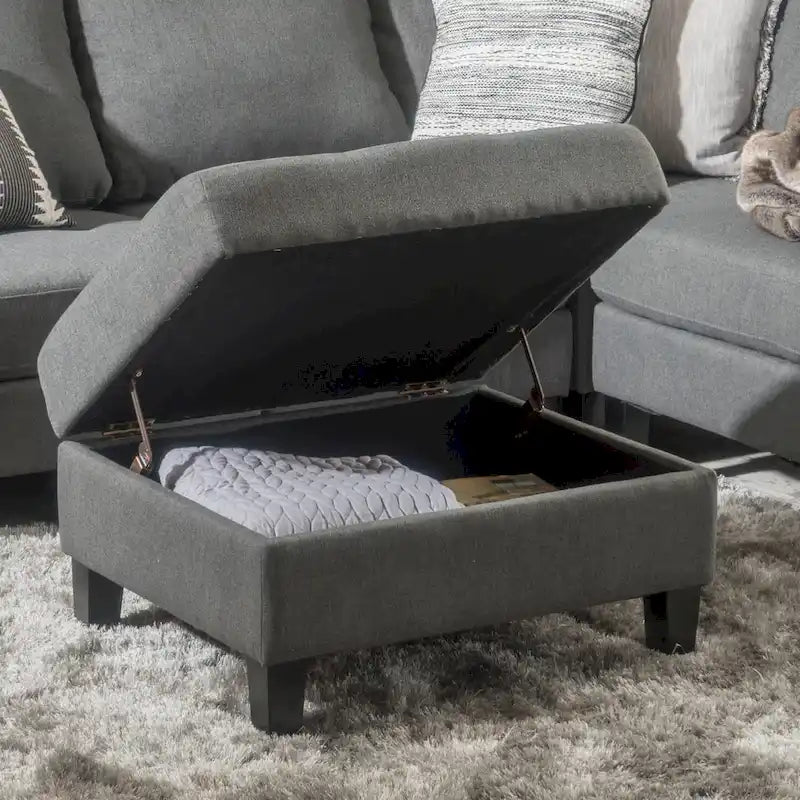Pouff de rangement en tissu capitonné — Bleu foncé / Gris foncé / Gris clair / Rouge profond / Cannelle foncée / Sarcelle, 1 place