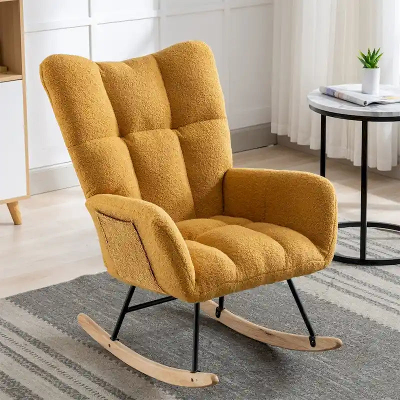 Fauteuil à bascule planeur rembourré – Velours, dossier haut, siège simple | Curcuma / Bleu / Rose / Marron / Vert / Jaune / Noir / Blanc et plus