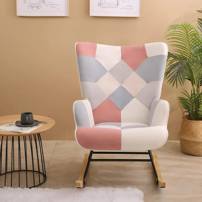 Fauteuil à bascule planeur rembourré – Velours, dossier haut, siège simple | Curcuma / Bleu / Rose / Marron / Vert / Jaune / Noir / Blanc et plus