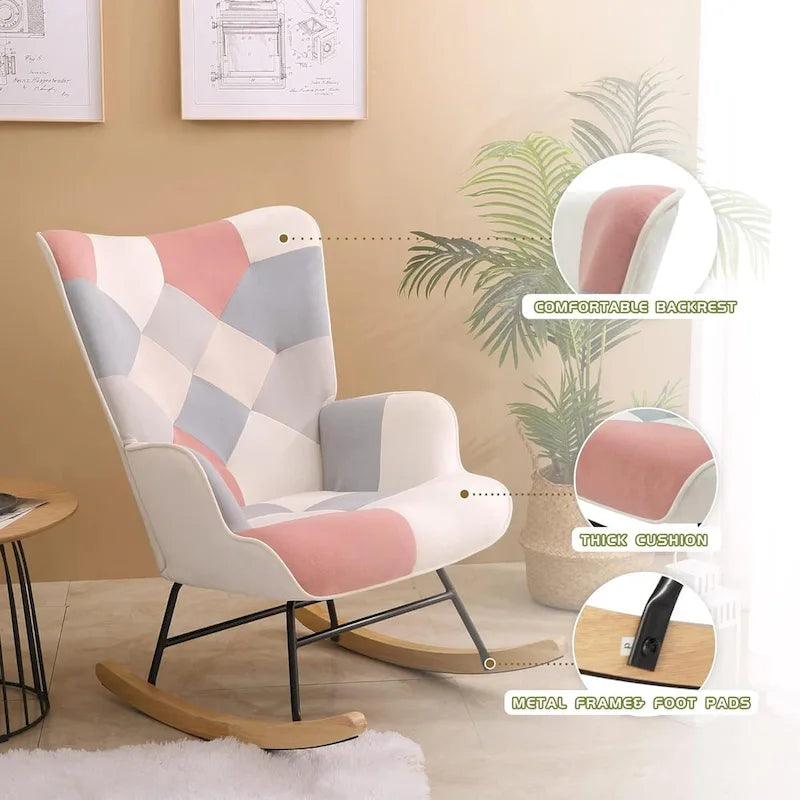 Fauteuil à bascule planeur rembourré – Velours, dossier haut, siège simple | Curcuma / Bleu / Rose / Marron / Vert / Jaune / Noir / Blanc et plus