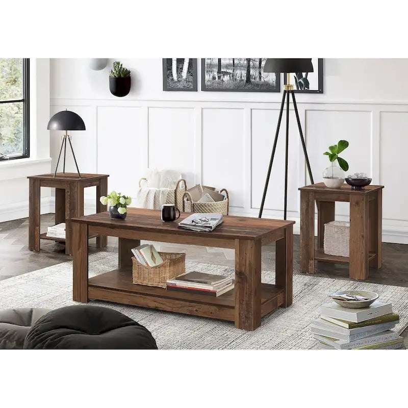 Lot de 3 tables basses, chêne vintage/marron et gris clair, étagère ouverte