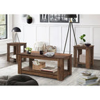 Lot de 3 tables basses, chêne vintage/marron et gris clair, étagère ouverte