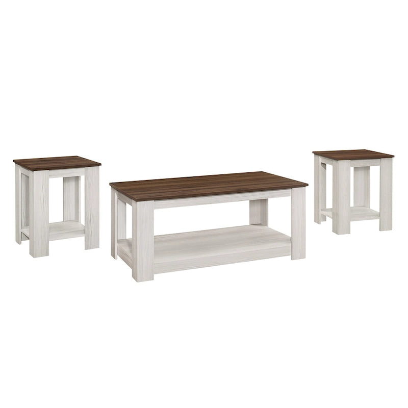 Lot de 3 tables basses, chêne vintage/marron et gris clair, étagère ouverte