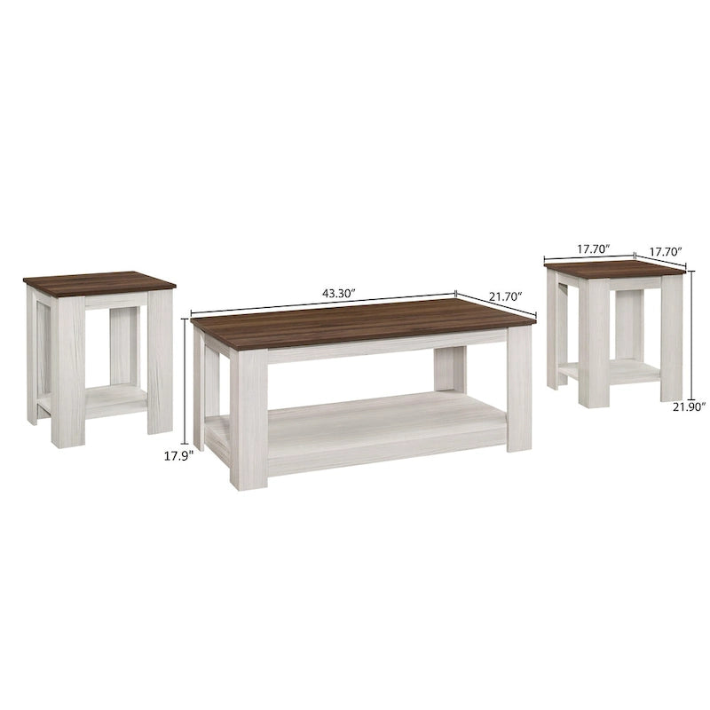Lot de 3 tables basses, chêne vintage/marron et gris clair, étagère ouverte