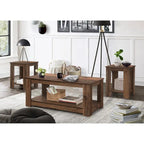 Lot de 3 tables basses, chêne vintage/marron et gris clair, étagère ouverte