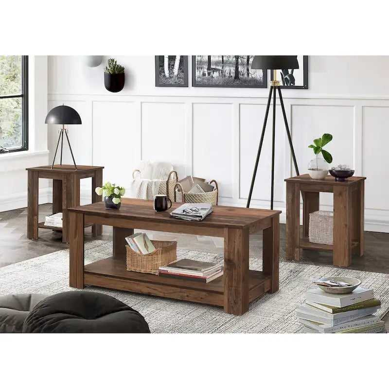 Lot de 3 tables basses, chêne vintage/marron et gris clair, étagère ouverte