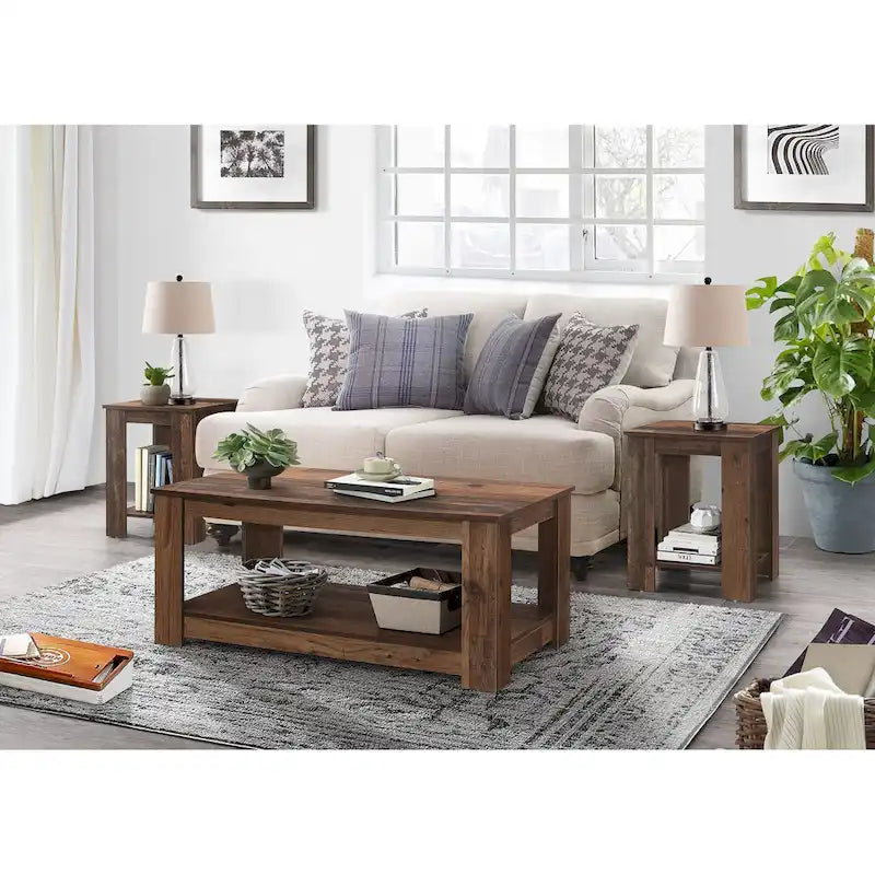 Lot de 3 tables basses, chêne vintage/marron et gris clair, étagère ouverte