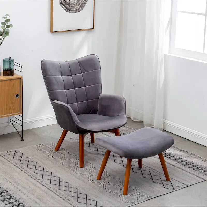Fauteuil d'appoint capitonné en velours avec ottoman – Jaune / Mauve / Bleu / Gris, 1 place