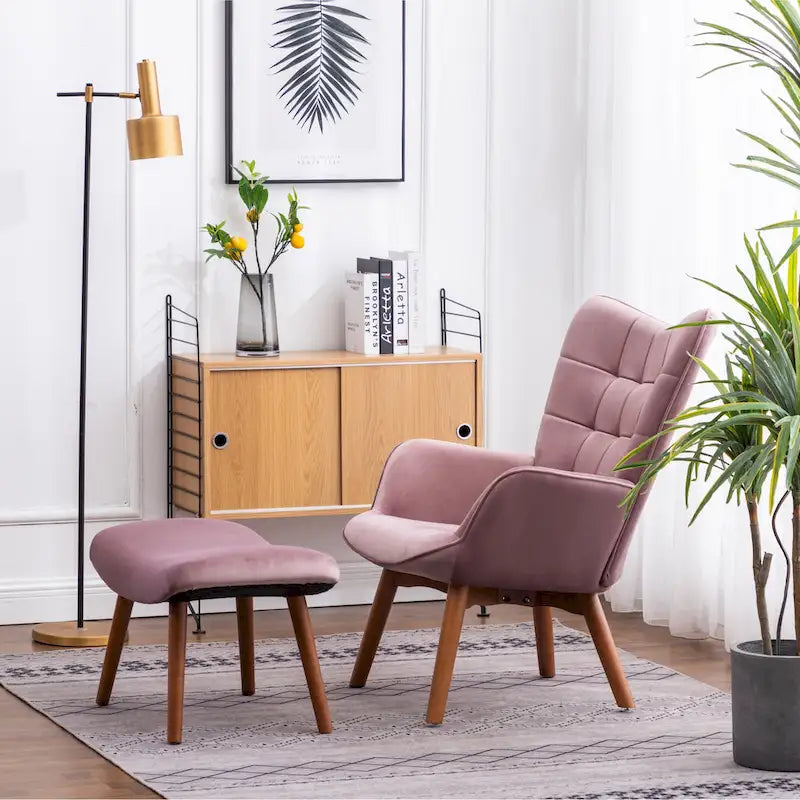Fauteuil d'appoint capitonné en velours avec ottoman – Jaune / Mauve / Bleu / Gris, 1 place