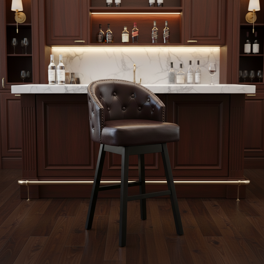 Tabourets de bar pivotants capitonnés marron et noyer, ensemble de 2