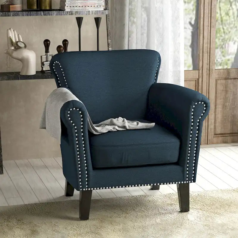 Fauteuil Club en Tissu avec Clous Décoratifs, 1 Place, Couleurs Café / Vin / Bleu Marine / Bleu Acier