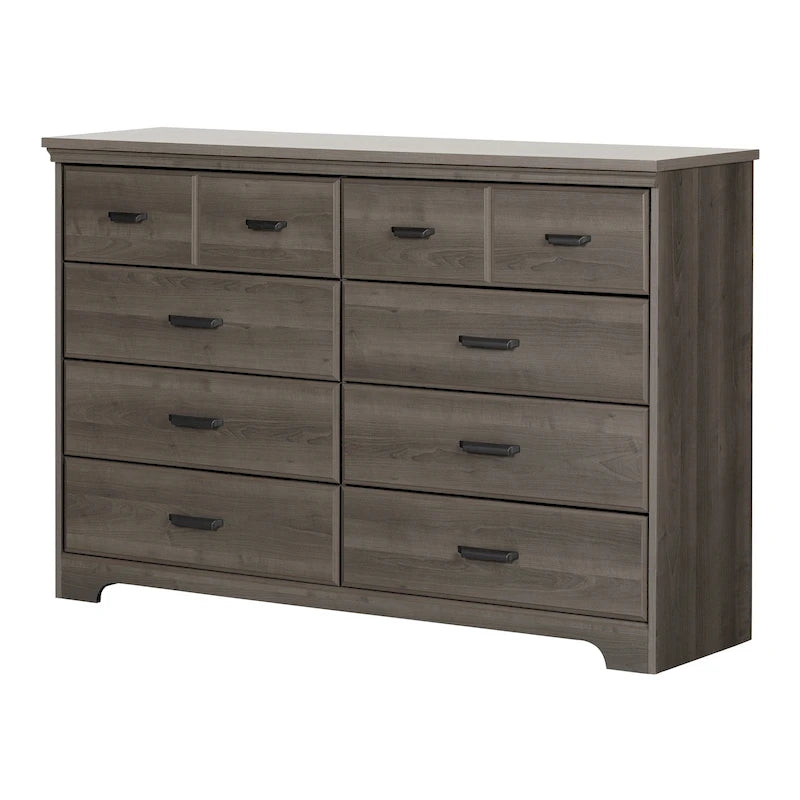 Commode double 8 tiroirs, style rustique, en érable gris/chêne vieilli