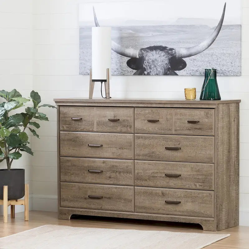 Commode double 8 tiroirs, style rustique, en érable gris/chêne vieilli