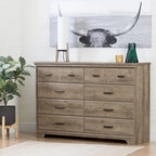 Commode double 8 tiroirs, style rustique, en érable gris/chêne vieilli