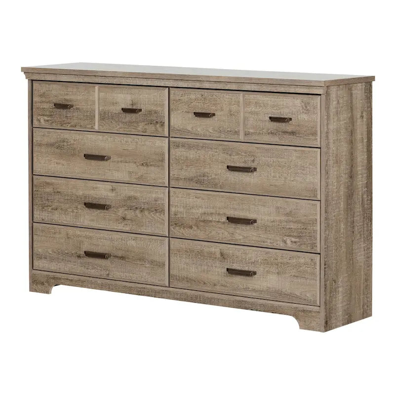 Commode double 8 tiroirs, style rustique, en érable gris/chêne vieilli