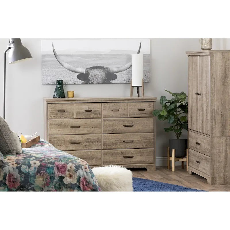 Commode double 8 tiroirs, style rustique, en érable gris/chêne vieilli