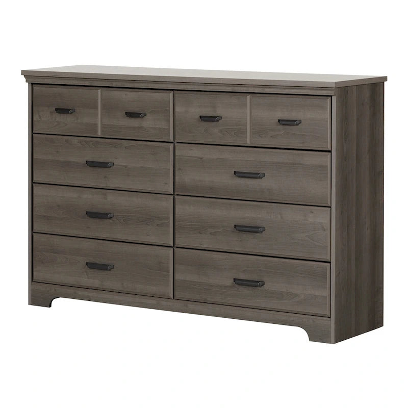 Commode double 8 tiroirs, style rustique, en érable gris/chêne vieilli