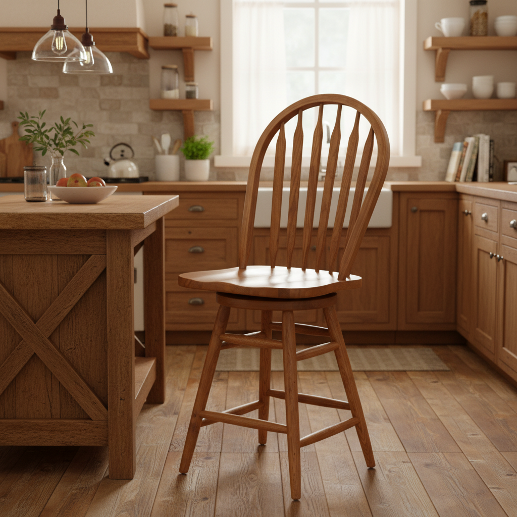 Tabouret de bar pivotant en chêne massif marron, hauteur comptoir, pièce unique