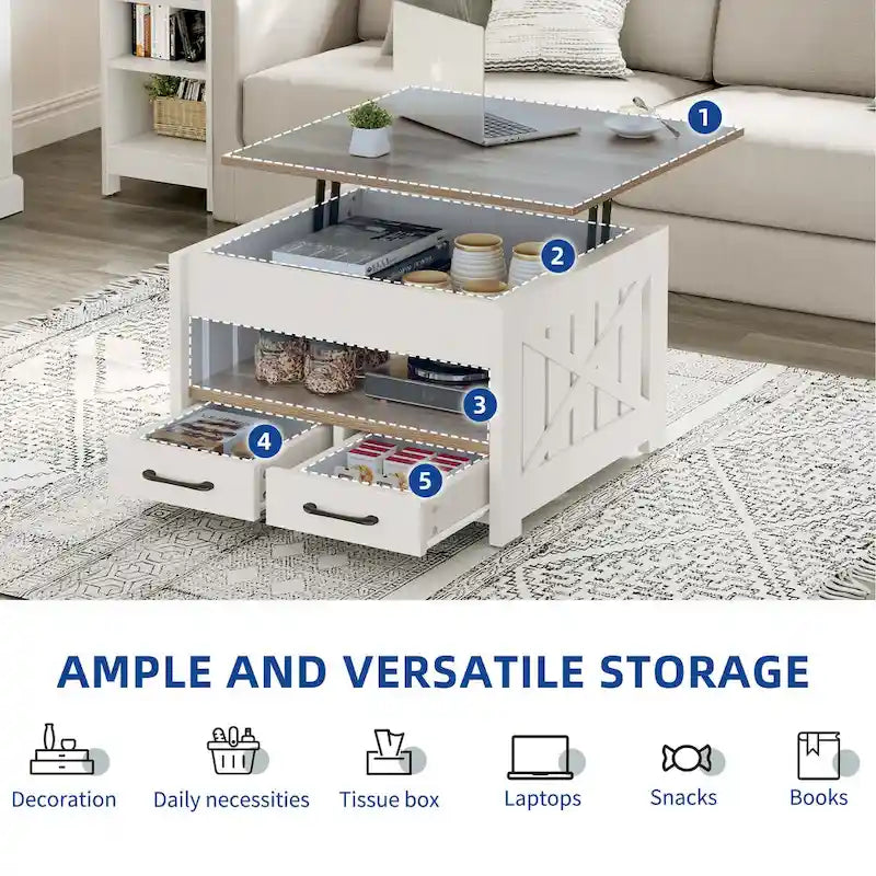 Table basse relevable avec rangement « ferme » grise et blanche