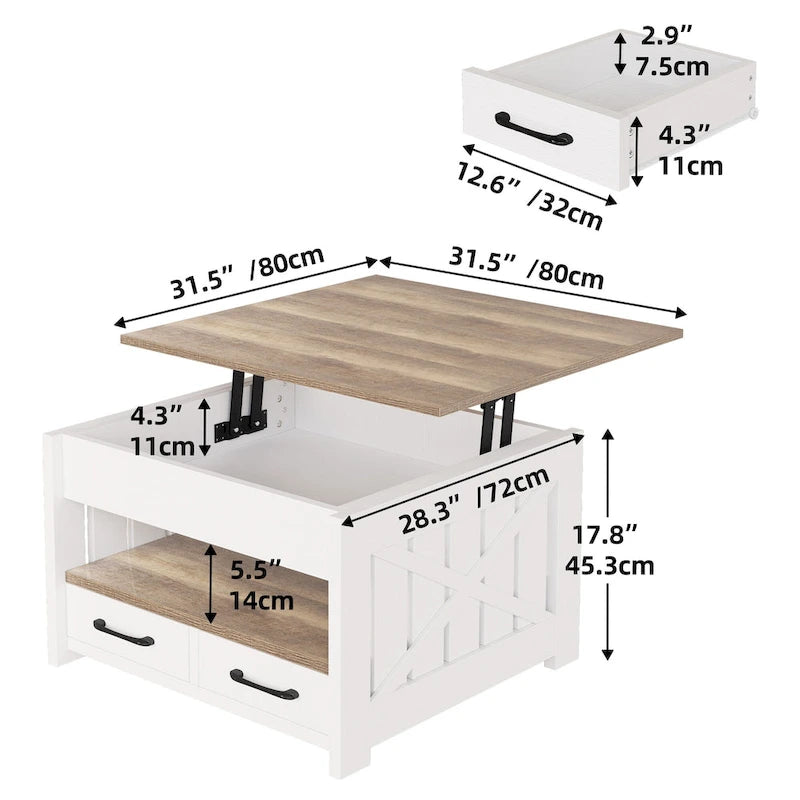 Table basse relevable avec rangement « ferme » grise et blanche