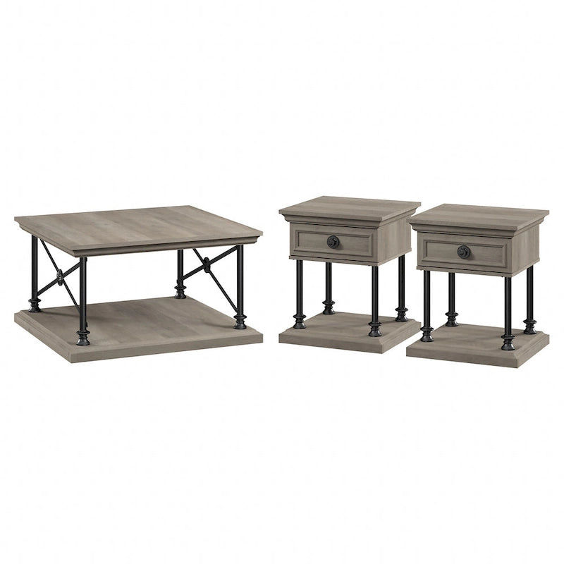 Ensemble table basse carrée et tables d'appoint 3 pièces gris bois flotté
