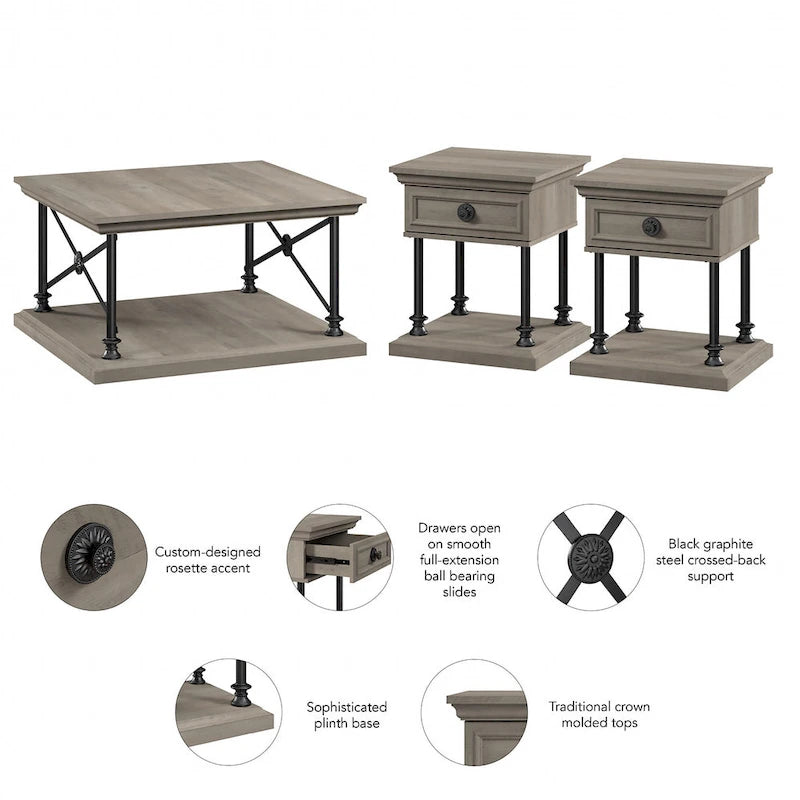 Ensemble table basse carrée et tables d'appoint 3 pièces gris bois flotté
