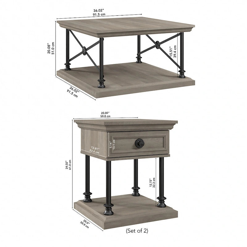 Ensemble table basse carrée et tables d'appoint 3 pièces gris bois flotté