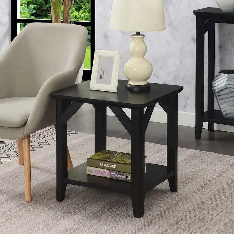 Gris délavé / Bois flotté / Blanc / Noir, table d'appoint à 2 niveaux avec étagère, simple