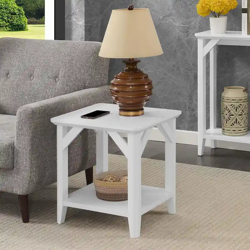 Gris délavé / Bois flotté / Blanc / Noir, table d'appoint à 2 niveaux avec étagère, simple