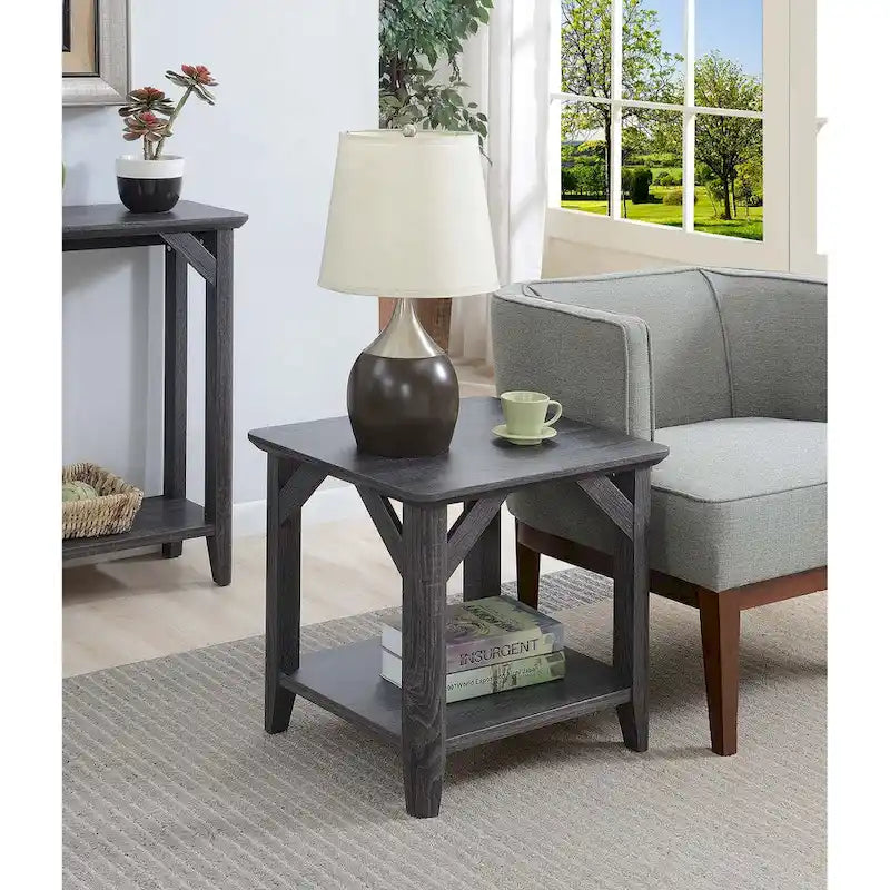 Gris délavé / Bois flotté / Blanc / Noir, table d'appoint à 2 niveaux avec étagère, simple