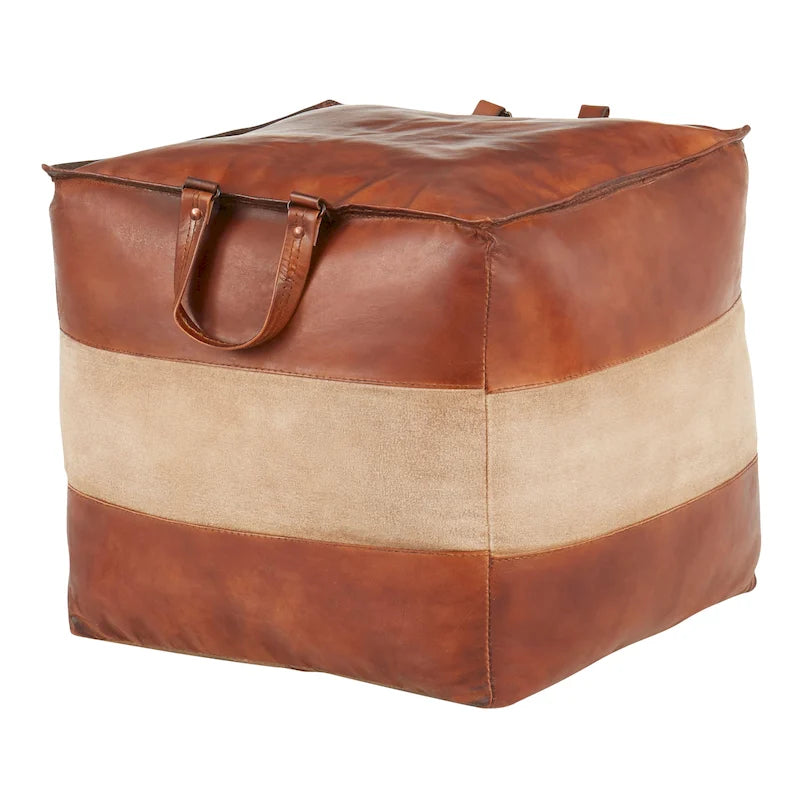 Pouf ottoman en cuir et toile – Marron/Havane, Noir/Gris, Expresso/Havane – 1 personne