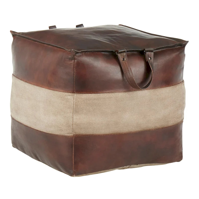 Pouf ottoman en cuir et toile – Marron/Havane, Noir/Gris, Expresso/Havane – 1 personne