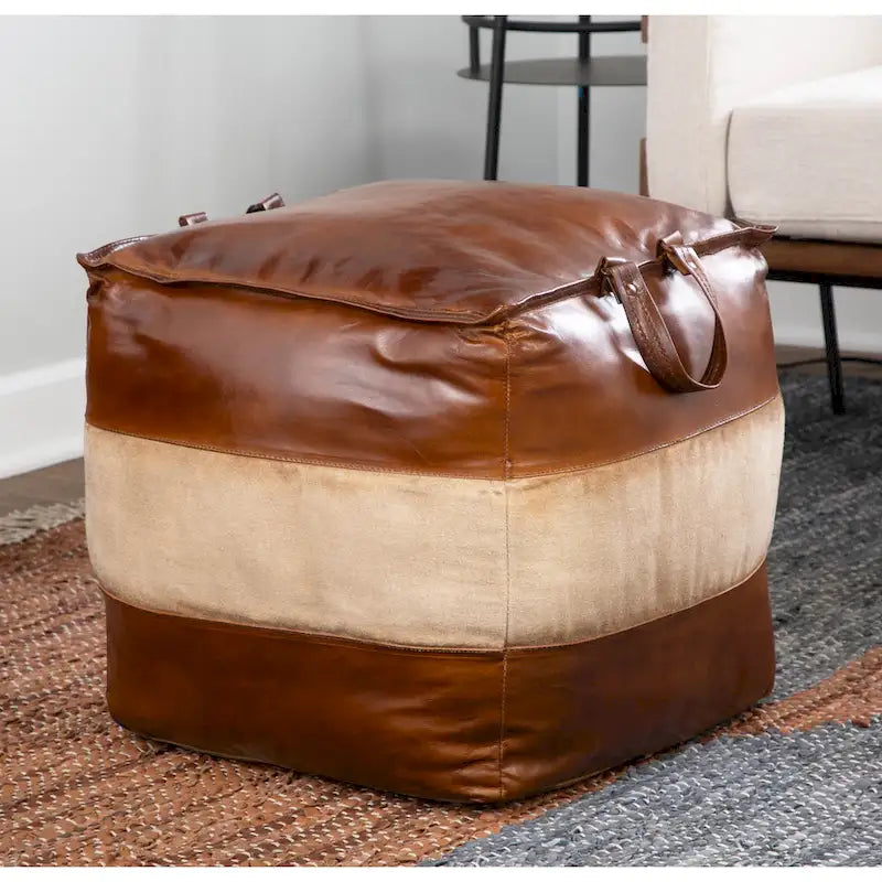Pouf ottoman en cuir et toile – Marron/Havane, Noir/Gris, Expresso/Havane – 1 personne