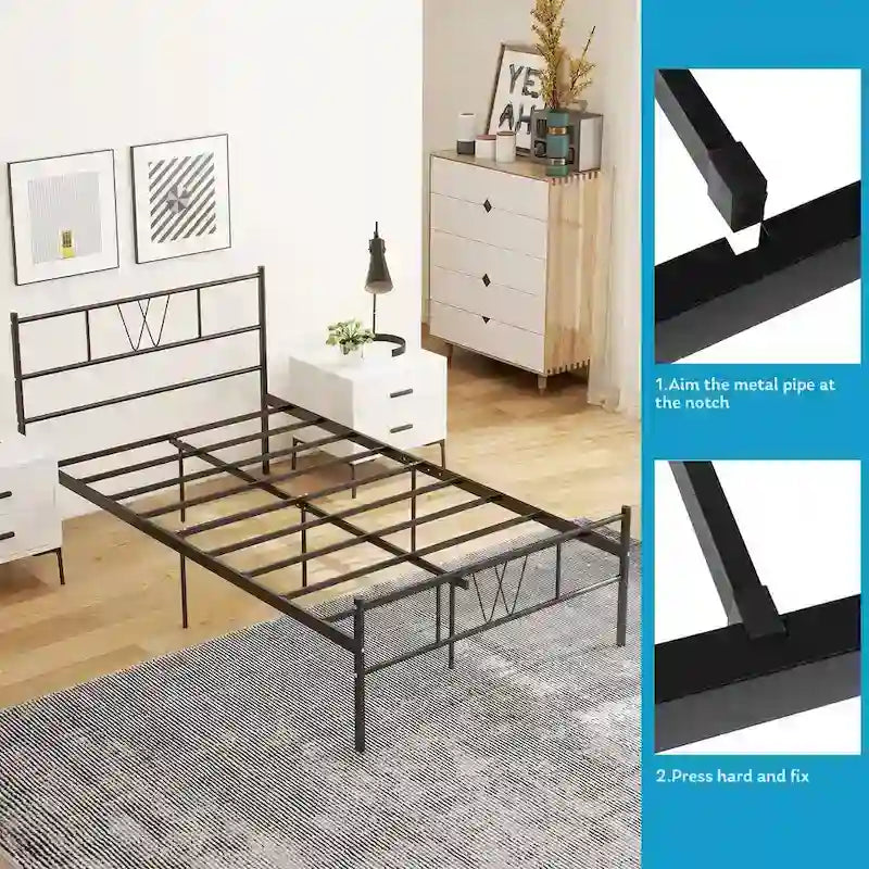 Cadre de lit plateforme en métal noir avec tête et pied de lit — Lit simple/double/queen/king size