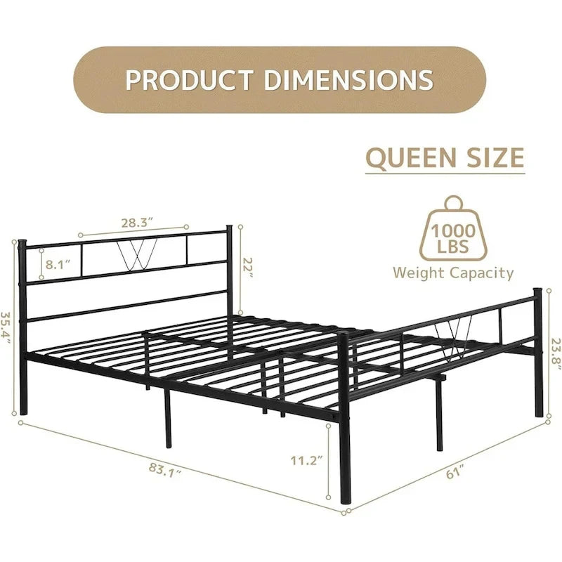Cadre de lit plateforme en métal noir avec tête et pied de lit — Lit simple/double/queen/king size