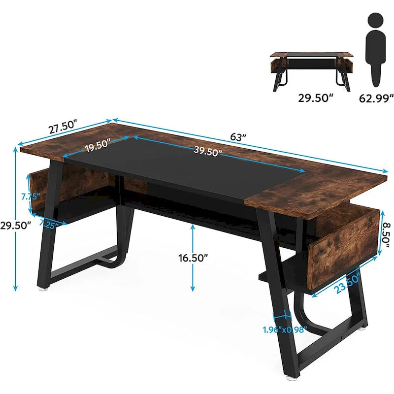 Bureau de 160 cm Noir / Blanc / Gris avec étagère de rangement, poste de travail individuel